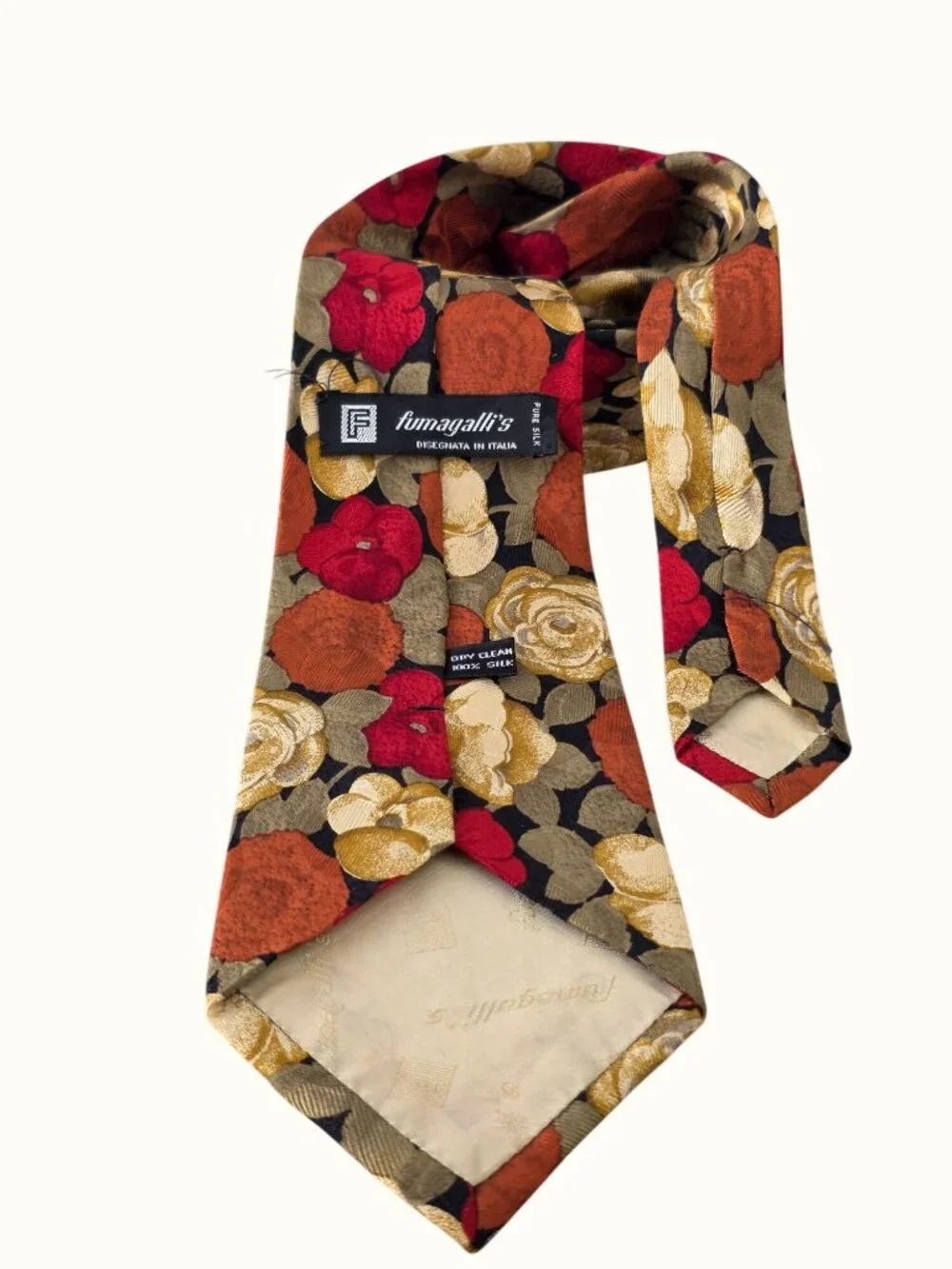 Fumagallis 90s Silk Tie Made Italy Floral Necktie Red Olive Rust Black 3.5 x 58
